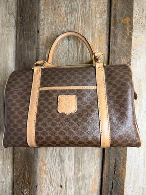 Vintage CELINE Brown Canvas Macadam Leather Boston Tote Bag Made in Italy